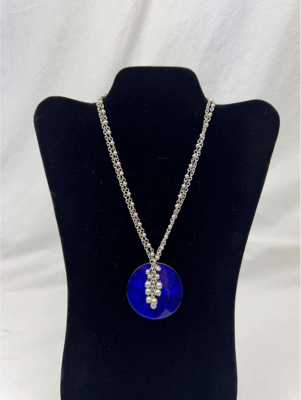 Circular Blue Pendant Silver Tone Necklace / Double Strand Statement Jewelry